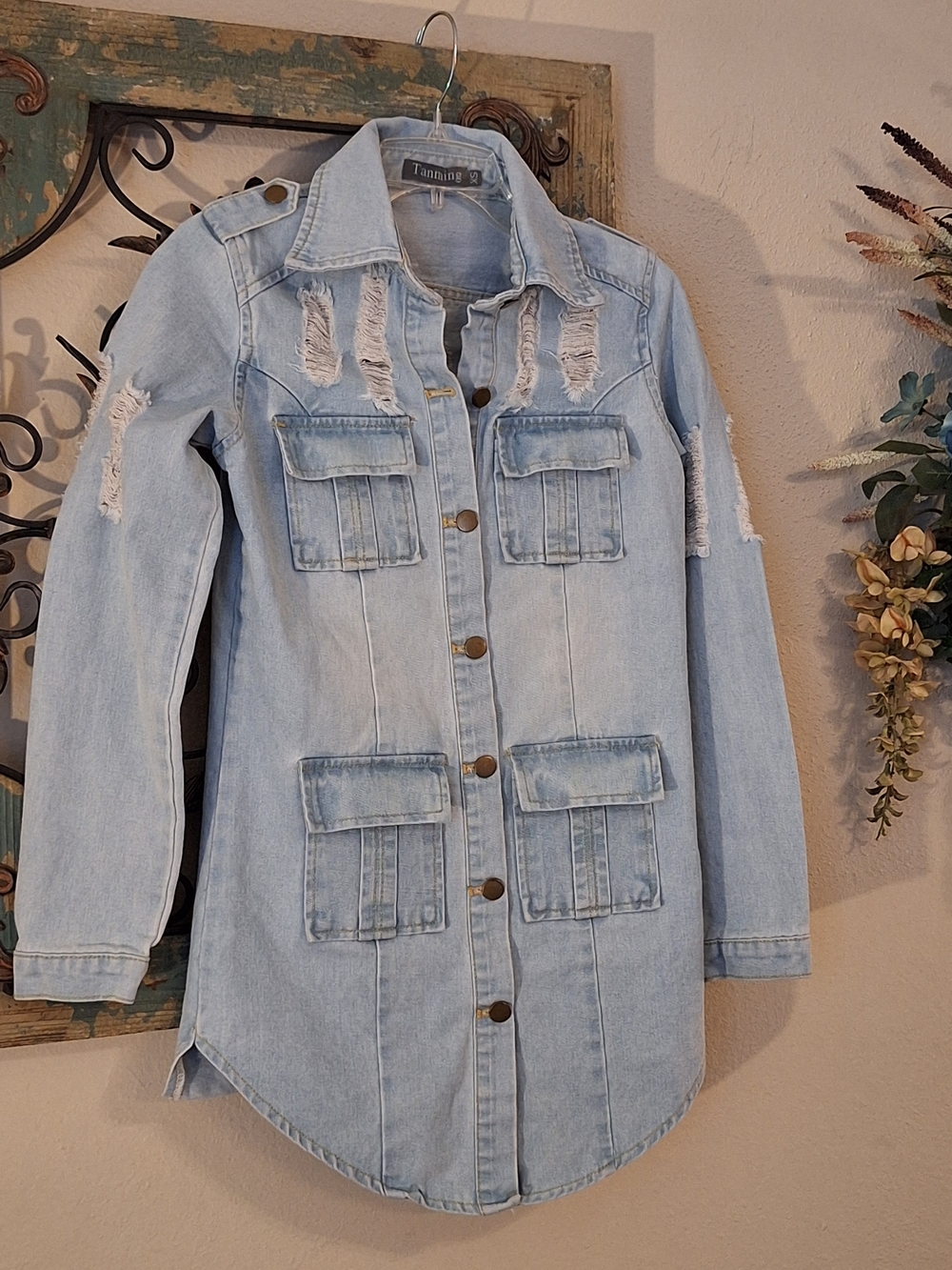 Tanning Light Blue Distressed Longline Denim Jacket. Size XS